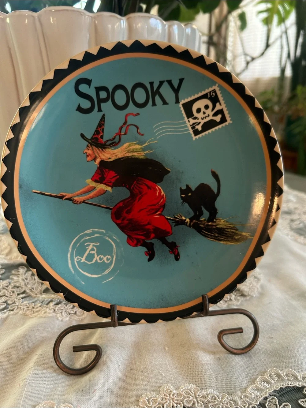 Spooky Witch Decorative Plate - Blue & Red Halloween Accent